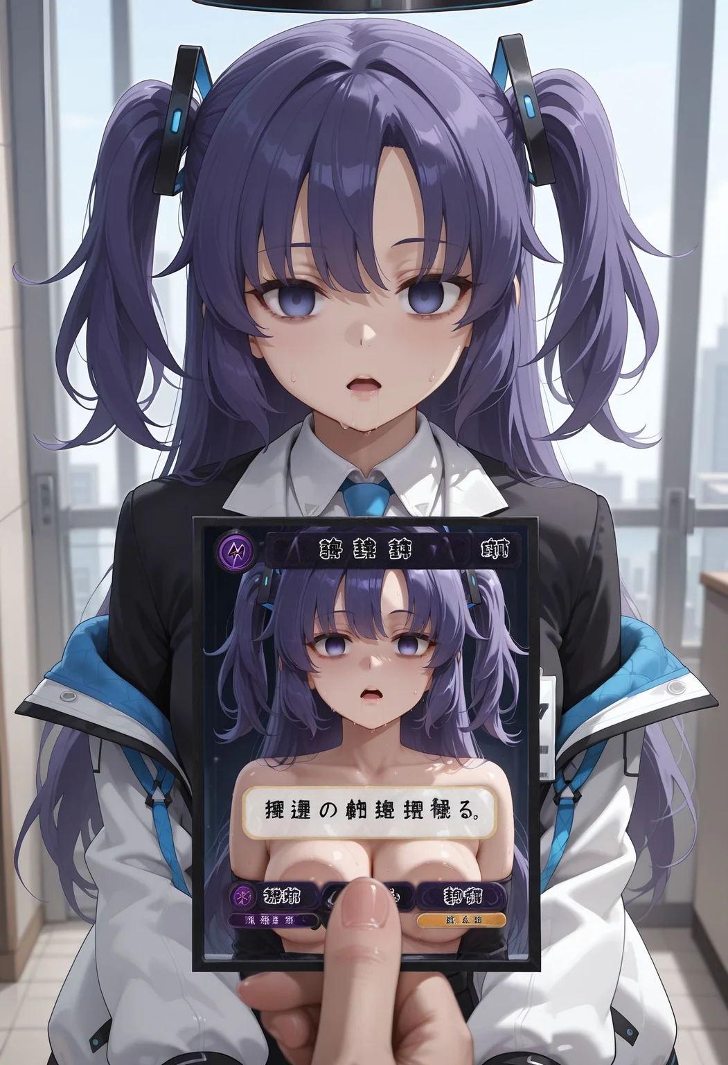 incrd, trading card, card, holding card, pov, id photo, card game, mind control, empty eyes, character name,<lora:in_card_illustrious:0.5>
yuuka \(blue archive\),