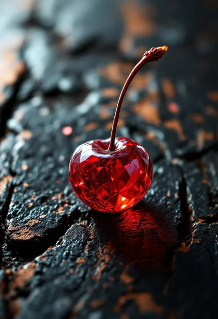 highly detailed red crystal cherry (with fine textures) on a weathered, textured black wooden surface, vibrant contrast between the (crystal cherry) and the (faded, peeling wood), depth and shadow enhanced using (Gaussian blur) for a soft background focus, (sharpen filter) applied to the crystal cherry, (color grading) to enhance contrast between warm and cool tones, (lens flare) subtly added to create natural lighting effect, (noise reduction) for a smooth, clean finish, (HDR toning) used for extra depth and detail, emphasizing the intricate patterns in both the crystal cherry and wood grain