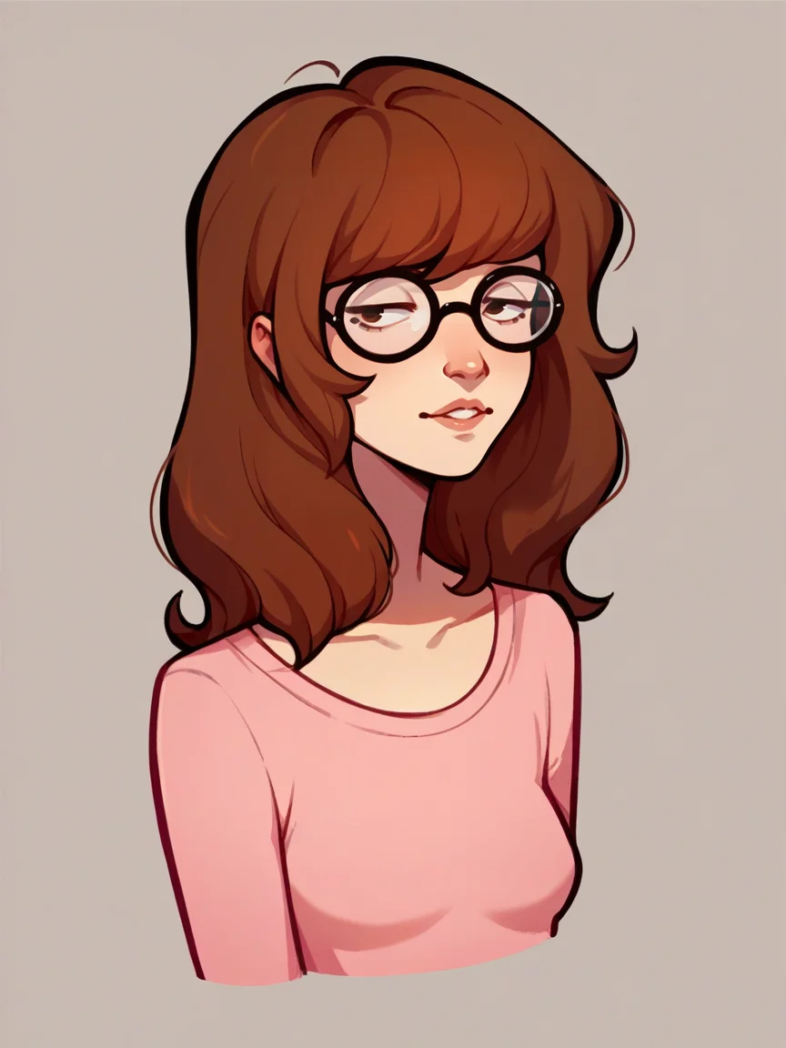 score_9, score_8_up, score_7_up, score_6_up,  <lora:d41r4XLP:1> (d41r4:1), solo, 1girl, glasses, brown hair, flat color
