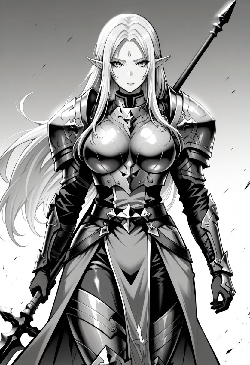 masterpiece, high quality, best quality, amazing quality, absurdres, very aesthetic, shiny skin, newest, HDR, high detail RAW color art, intricate details, hyper aesthetic, incredibly absurdres, BREAK,
monica_(kichiku_eiyuu), 1girl, solo, long hair, pointy ears, facial mark, forehead mark, bangs, large breasts,  elf, monicch001, armor, shoulder armor, gloves, pauldrons, weapon, holding, polearm, spear,