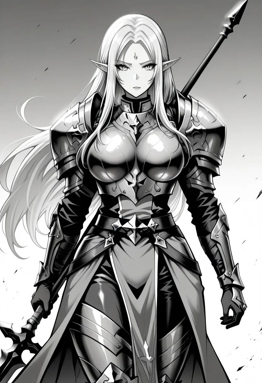 masterpiece, high quality, best quality, amazing quality, absurdres, very aesthetic, shiny skin, newest, HDR, high detail RAW color art, intricate details, hyper aesthetic, incredibly absurdres, BREAK,
monica_(kichiku_eiyuu), 1girl, solo, long hair, pointy ears, facial mark, forehead mark, bangs, large breasts,  elf, monicch001, armor, shoulder armor, gloves, pauldrons, weapon, holding, polearm, spear,