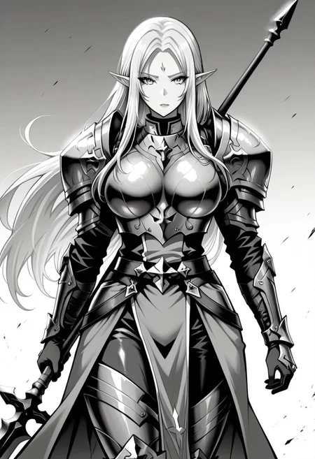 masterpiece, high quality, best quality, amazing quality, absurdres, very aesthetic, shiny skin, newest, HDR, high detail RAW color art, intricate details, hyper aesthetic, incredibly absurdres, BREAK,
monica_(kichiku_eiyuu), 1girl, solo, long hair, pointy ears, facial mark, forehead mark, bangs, large breasts, elf, monicch001, armor, shoulder armor, gloves, pauldrons, weapon, holding, polearm, spear,