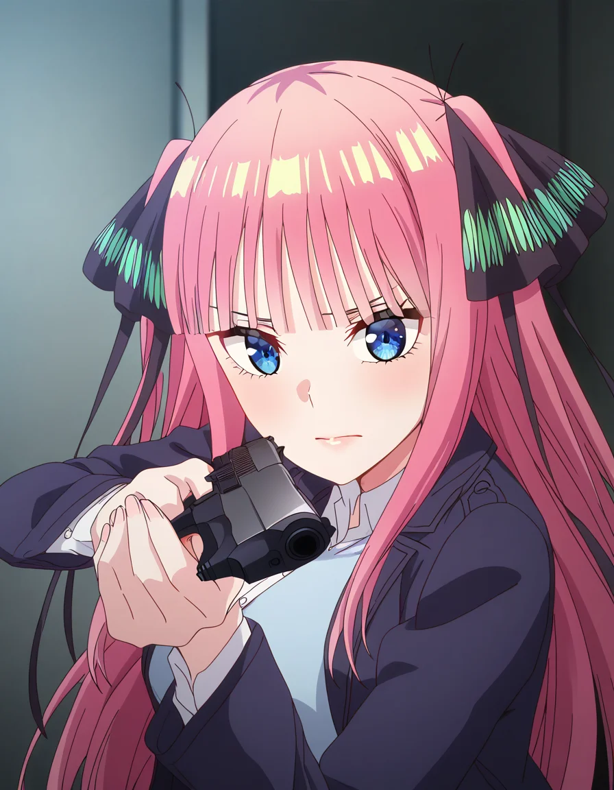 masterpiece, best quality, newest, absurdres, highres, safe,, <lora:nino-nakano-s1-ponyxl-lora-nochekaiser:1>, nino nakano, long hair, bangs, blue eyes, hair ornament, hair ribbon, pink hair, blunt bangs, two side up, butterfly hair ornament, large breasts, anime screencap, <lora:center-axis-relock-stance-illustriousxl-lora-nochekaiser:1>, center axis relock stance, looking at viewer, holding, closed mouth, weapon, holding weapon, gun, holding gun, handgun, aiming, finger on trigger, aiming at viewer, m1911,, ,