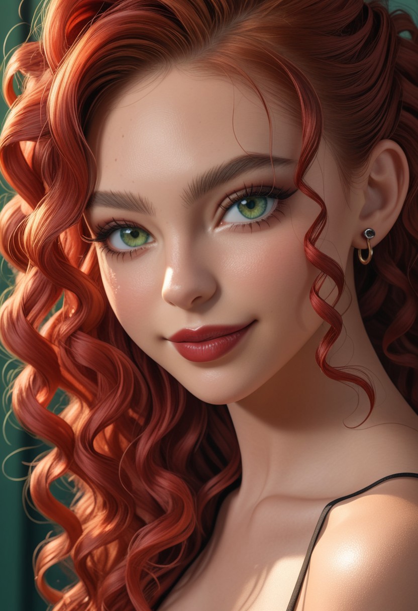 (flawless), score_9, score_8_up, 1woman,dynamic pose, hyper-realistic ((half-face close-up)) of a beautiful woman's eye, focus on eye,((overall round face structure)), ((intense, ultra-realistic beautiful pale green eye)), ((hair strands falling over one eye)), delicate features of her face are framed by long, curly red hair, seductive look, sexy smile, slightly tousled, real skin, dramatic side lighting, intricate shadows across her face, red lips, moody, piercing gaze, hauntingly beautiful, cinematic moment, (masterpiece:1.2),(Amazing quality), 8K, (high detail:1.4), (highres:1.4), (ultra detailed:1.4), embedding:detailxl, (phenomenal aesthetic),