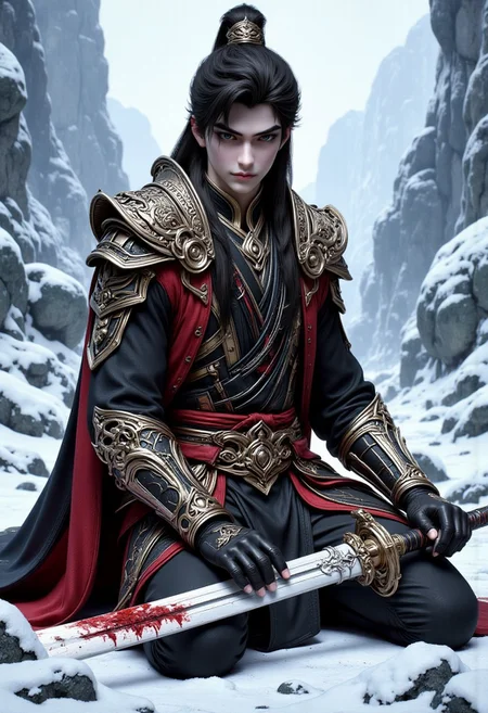 This is a highly detailed digital artwork featuring a young, androgynous character with long, flowing black hair that cascades down their back and shoulders. The character is dressed in traditional East Asian attire, consisting of a black, high-collared robe with intricate golden armor-like sleeves and a red sash. They are kneeling in a snowy environment with large, rugged rocks and a serene, misty background that suggests a mountainous region. The character's expression is somber and introspective, with their gaze directed downward towards a large, gleaming sword with a golden hilt and a red-stained blade, which they are holding. The sword's blade is prominently stained with blood, suggesting a recent battle or conflict. The character's hands are gloved in black leather, and they wear a dark, form-fitting outfit that contrasts with the white snow. The artwork employs a realistic, semi-photographic style with a high level of detail in both the character's clothing and the environment, creating a vivid and immersive scene. The overall atmosphere is one of solemnity and introspection, with the snow and the character's attire adding a sense of coldness and isolation.