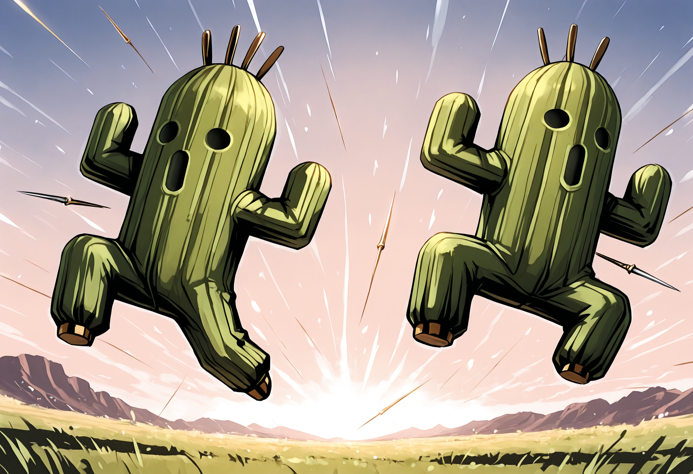 masterpiece,best quality,full_body,field,3others,
BREAK cactuar,no humans,green skin,black eyes,<lora:cactuar-IL:1>,dancing,flying,needle,fighting stance,jumping,weapon,projectile,