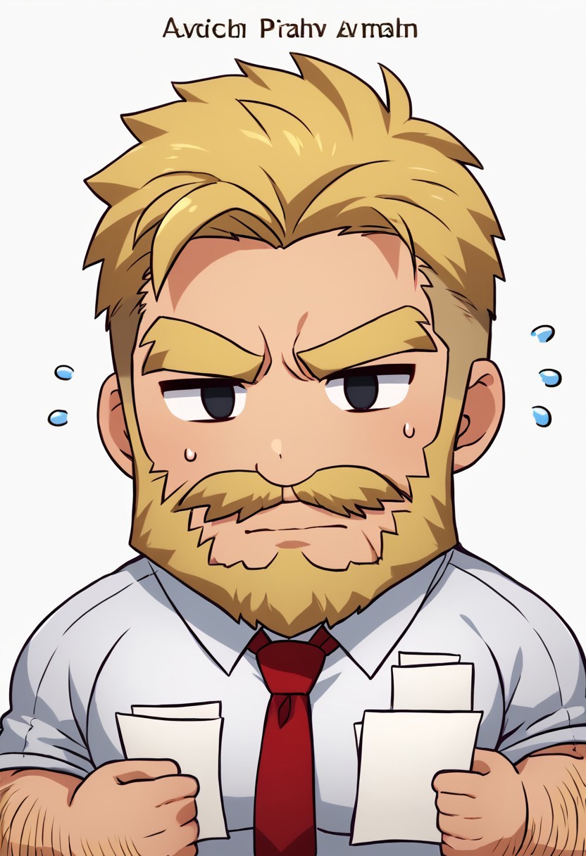 cccch, solo, short hair, full body, blonde hair, simple background, shirt, 1boy, white background, holding, white shirt, upper body, necktie, collared shirt, chibi, sweatdrop, black eyes, facial hair, flying sweatdrops, thick eyebrows, red necktie, beard, paper, mustache, flat color, holding paper, arm hair, male focus, text, background, bodybuilder, huge muscles, bara