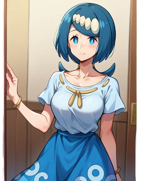 score_9, score_8_up, score_7_up, source_anime,
pokemonmotherlana, <lora:pokemon-mother-lana-ponyxl-lora-nochekaiser:1>
pokemonmotherlana, blue eyes, blue hair, freckles, hair ornament, long hair, swept bangs, bright pupils,
blouse, blue skirt, bracelet, collarbone, dress, jewelry, long skirt, shirt, short sleeves, skirt, white shirt,
indoors,
looking at viewer, cowboy shot, dutch angle,