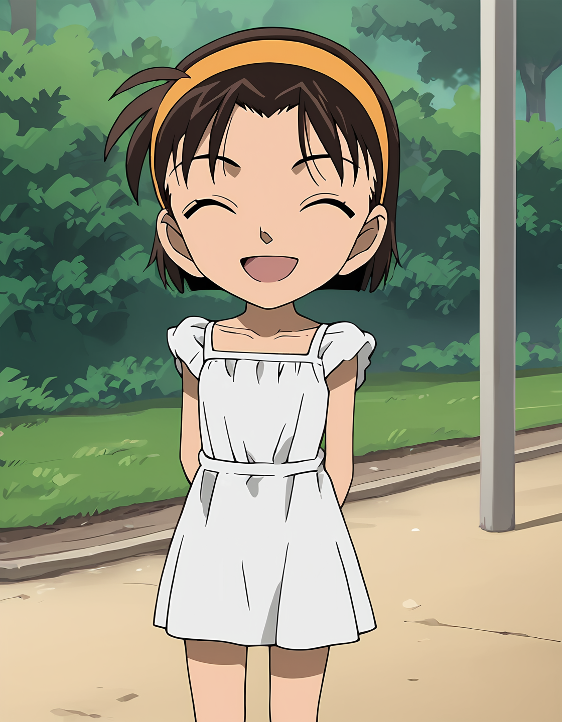score_9, score_8_up, score_7_up, score_6_up, score_5_up, score_4_up, source_anime, <lora:AyumiY_T1V1:0.90>,
1girl, solo, flat color, anime screencap,
AyumiY_T1V1, female child, chibi, brown hair, short hair, orange hairband,
white dress, sundress, short dress, thighs, 
standing, arms behind back, head tilt, 
facing viewer, smile, open mouth, closed eyes, 
outdoors, park, cowboy shot,