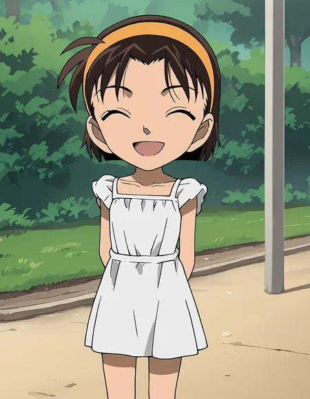 score_9, score_8_up, score_7_up, score_6_up, score_5_up, score_4_up, source_anime, <lora:AyumiY_T1V1:0.90>,
1girl, solo, flat color, anime screencap,
AyumiY_T1V1, female child, chibi, brown hair, short hair, orange hairband,
white dress, sundress, short dress, thighs, 
standing, arms behind back, head tilt, 
facing viewer, smile, open mouth, closed eyes, 
outdoors, park, cowboy shot,