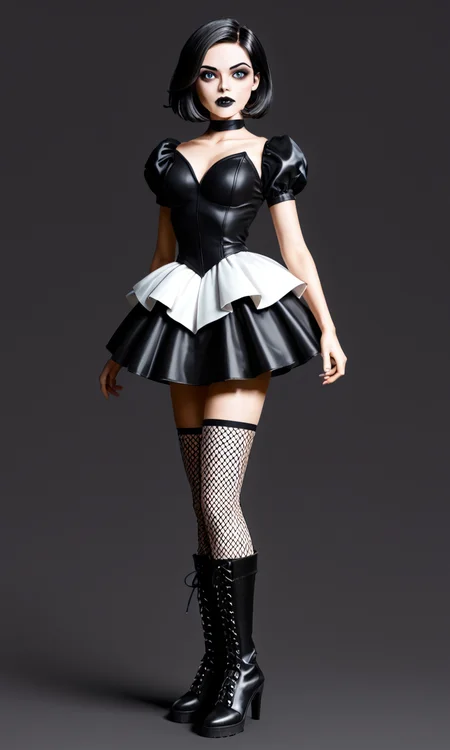 (masterpiece), best quality, expressive eyes, perfect face, short black hair, side part, big reflective gray eyes, magical girl, black blouse, black skirt, eyeliner, black lipstick, fishnet stockings, coma at boots, gradient background with planets and solar flare female robot
 <lora:corroded:1> <lora:Straw_thread:1> <lora:detailxl:1>