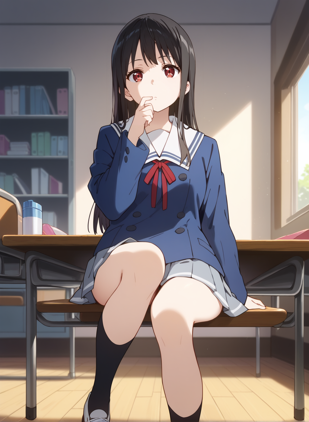 score_9,score_8_up,score_7_up,source_anime,anime,nsfw,rating_explicit,uncensored,High quality,Ultra detailed,best quality,insanely detailed,beautiful,masterpiece,perfect lighting BREAK
<lora:nase_mitsuki_V1:1>,(nase_mitsuki, long hair, black hair, red eyes,school uniform,blue jacket,black socks,grey skirt,kneehighs,long sleeves,neck ribbon,pleated skirt,white sailor collar,shoes),1girl,solo,giggling,thinking,indoors,looking_at_viewer,solo_focus,from_below,