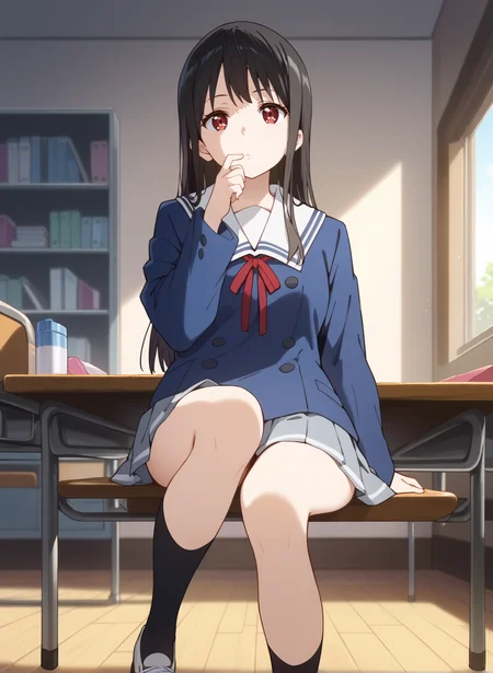 score_9,score_8_up,score_7_up,source_anime,anime,nsfw,rating_explicit,uncensored,High quality,Ultra detailed,best quality,insanely detailed,beautiful,masterpiece,perfect lighting BREAK
<lora:nase_mitsuki_V1:1>,(nase_mitsuki, long hair, black hair, red eyes,school uniform,blue jacket,black socks,grey skirt,kneehighs,long sleeves,neck ribbon,pleated skirt,white sailor collar,shoes),1girl,solo,giggling,thinking,indoors,looking_at_viewer,solo_focus,from_below,