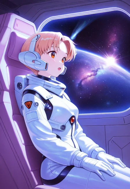 rei ayanami, ultra detailed, masterpiece, best quality, 1girl, solo, adult, indoors, space suit, sitting, seat, windows, futuristic vehicle, space, stars, galaxy, pastel colors, vintage, intricate detailed, finely detailed, amazing detail, from side, smile, :o, awe, shadows, dim lighting, cowboy shot,