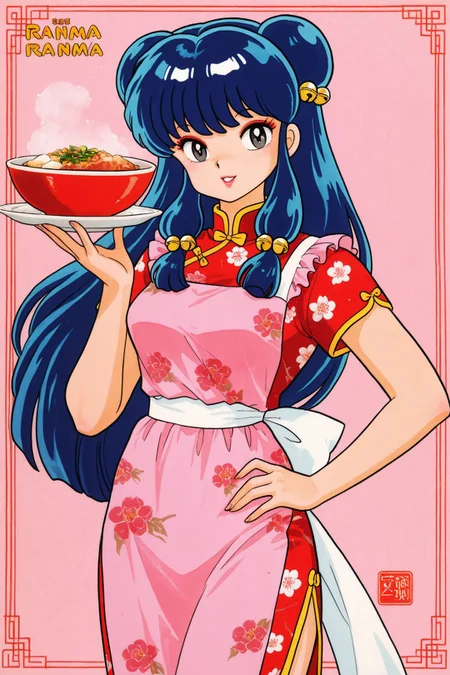 1girl,shampoo (ranma 1/2),solo,long hair,holding,apron,chinese clothes,hair bun,food,retro artstyle,double bun,hair ornament,hand on hip,looking at viewer,smile,dress,makeup,holding plate,china dress,short sleeves,sidelocks,black eyes,bangs,hair bell,bell,floral print,bowl,blue hair,parted lips,cowboy shot,copyright name,
<lora:Takahashi Rumiko_illustriousXL:0.8>,