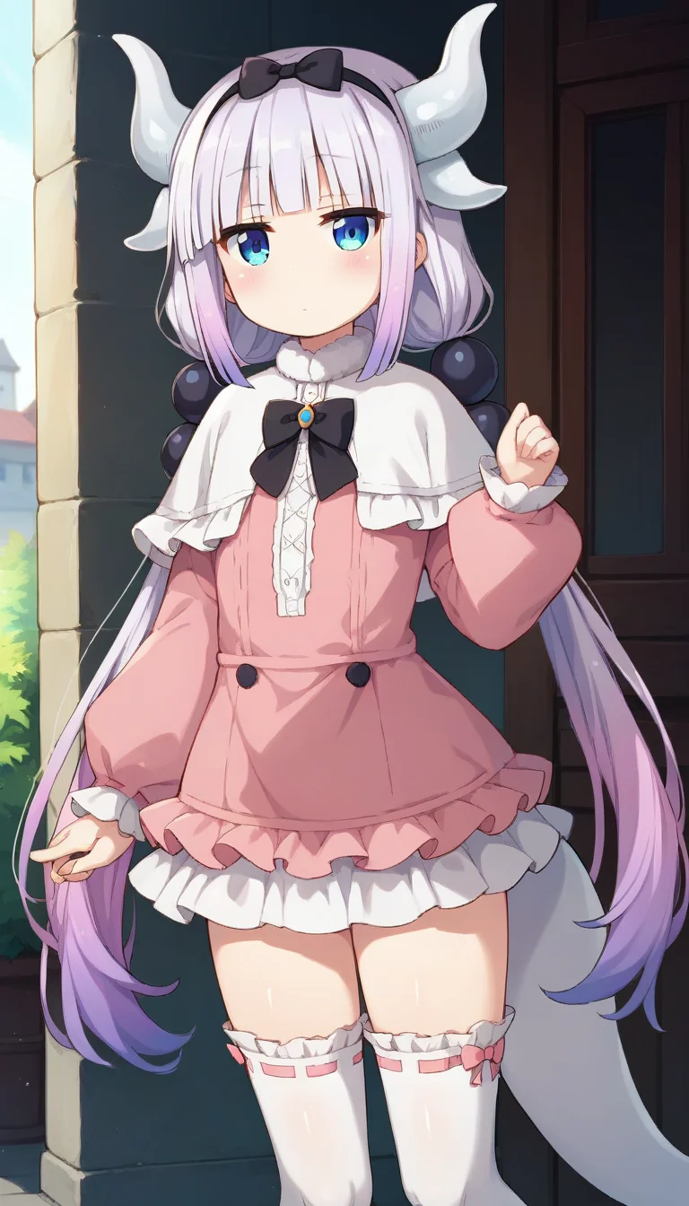 score_9,score_8_up,score_7_up,score_6_up BREAK official art,solo,outdoors,cowboy shot,looking at viewer,facing viewer,blush,expressionless,deadpan,jitome,Kanna Kamui,female child,dragon horns,white horns,very long hair,white hair,gradient hair,light purple hair,low twintails,hair beads,hair ornament,black hairband,hair bow,black bow,blunt bangs,blue eyes,frilled capelet,white capelet,microdress,pink dress,long sleeves,puffy sleeves,flat chest,white skirt,thighs,tail,zettai ryouiki,frilled thighhighs,white thighhighs,red footwear,<lora:Kanna Kamui(mkdm)-Pony:1.2>,