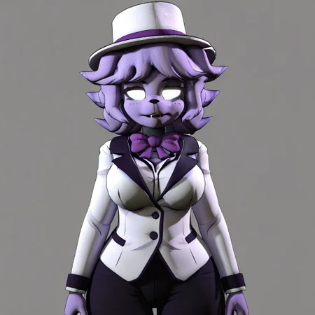 UHYEAH, light purple fur, completely white eyes, white tuxedo, Purple bow, white fedora with purple ribbon, black pants, For style (i think): 1girl, solo, anthro, cally3d, 3D, 3d render, woman, sexy, detailed, extreme detail, perfect lighting, 4k,