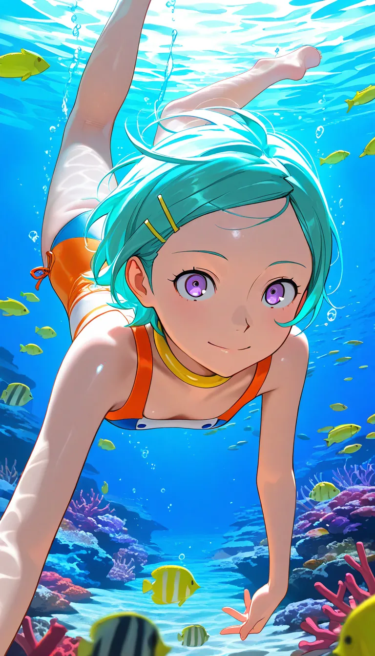 (masterpiece, best quality), amazing quality, very aesthetic, absurdres, highres, newest, HDR, 8K, high detail RAW color art, intricate details, high contrast, photo background, photo-referenced, detailed background, beautiful detailed, blight face, large pupil, shiny skin,
1girl, eureka \(eureka seven\), purple eyes, aqua hair, short hair, air bubble, underwater swimming, swim, swimsuit, coral reef, summer, high angle, colorful coral reefs, tropical fish, happy, closed mouth,