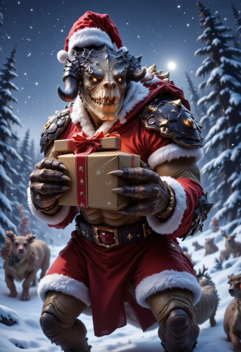 A photorealistic depiction of a massive, muscular Deathclaw dressed as Santa Claus including a Santa Hat in the North Pole. The Deathclaw is wearing Santa's outfit, with curved horns adding an even more striking and intimidating appearance. The Deathclaw is holding a wrapped present.