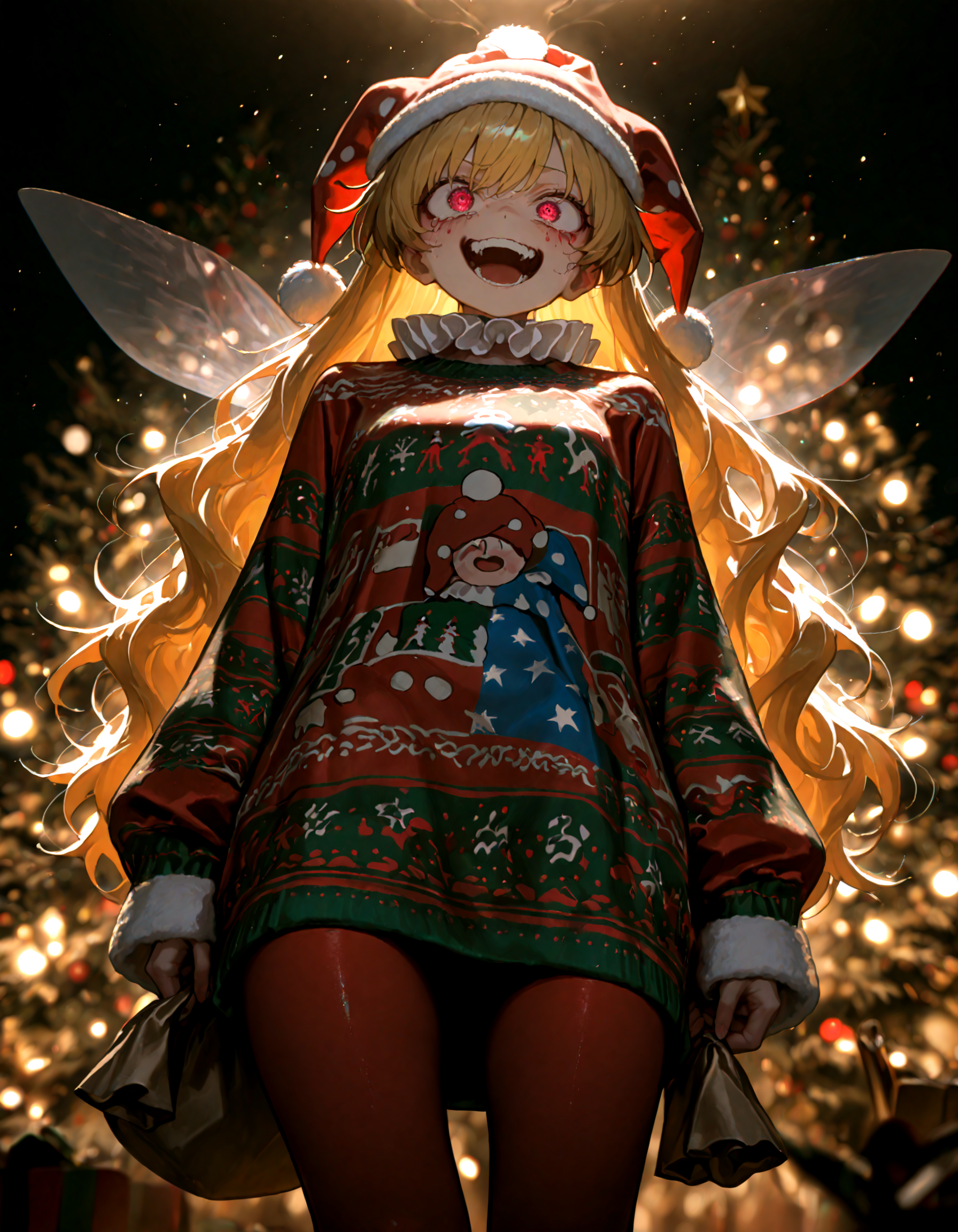 Christmas, dress, red pantyhose ,santa_hat ,Christmas sweater,
1girl, solo,  clownpiece, soft lighting, crazy  ,
masterpiece, best quality, amazing quality, very aesthetic, absurdres,  newest, (volumetric lighting),
<lora:world_christmassweater:0.5>,<lora:cfg_scale_boost:0.5>, <lora:ponyv5_noobE11_1_adamW:0.5>, <lora:illustrious_noobai_epsilon_pred_1_best_quality_v1:0.5> ,<lora:illustrious_noobai_epsilon_pred_1_masterpieces_v1:0.5> ,<lora:illustrious_noobai_epsilon_pred_11_very_aesthetic_v1:0.5>