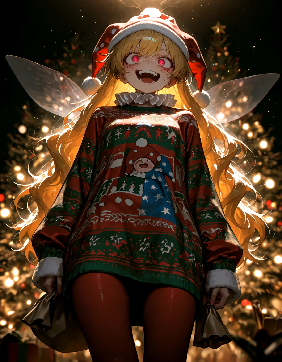 Christmas, dress, red pantyhose ,santa_hat ,Christmas sweater,
1girl, solo, clownpiece, soft lighting, crazy ,
masterpiece, best quality, amazing quality, very aesthetic, absurdres, newest, (volumetric lighting),
<lora:world_christmassweater:0.5>,<lora:cfg_scale_boost:0.5>, <lora:ponyv5_noobE11_1_adamW:0.5>, <lora:illustrious_noobai_epsilon_pred_1_best_quality_v1:0.5> ,<lora:illustrious_noobai_epsilon_pred_1_masterpieces_v1:0.5> ,<lora:illustrious_noobai_epsilon_pred_11_very_aesthetic_v1:0.5>