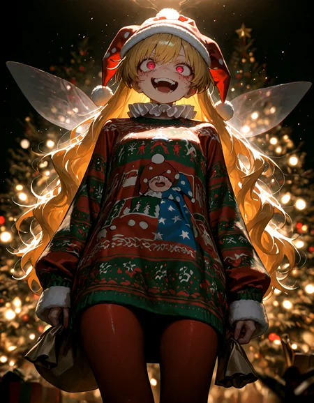 Christmas, dress, red pantyhose ,santa_hat ,Christmas sweater,
1girl, solo, clownpiece, soft lighting, crazy ,
masterpiece, best quality, amazing quality, very aesthetic, absurdres, newest, (volumetric lighting),
<lora:world_christmassweater:0.5>,<lora:cfg_scale_boost:0.5>, <lora:ponyv5_noobE11_1_adamW:0.5>, <lora:illustrious_noobai_epsilon_pred_1_best_quality_v1:0.5> ,<lora:illustrious_noobai_epsilon_pred_1_masterpieces_v1:0.5> ,<lora:illustrious_noobai_epsilon_pred_11_very_aesthetic_v1:0.5>