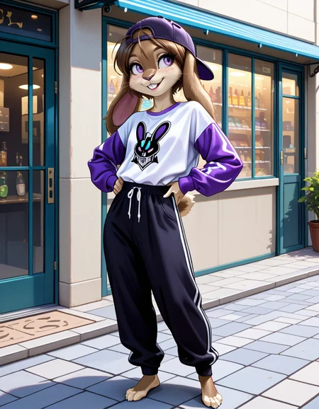 masterpiece, best quality, very aesthetic, absurdres,
outdoors, streetwear,  
barefoot, full body, posing, standing, 
seductive smile, parted lips, long eyelashes,
<lora:Nicole_Meadowsong_v01_NAIXL:1>
N1c013,1girl,solo,furry,furry female,rabbit girl,brown hair,backwards hat,short hair,rabbit ears,purple eyes,snout,animal nose,whiskers,buck teeth,body fur,two tone fur,brown fur,grey fur,rabbit tail,
