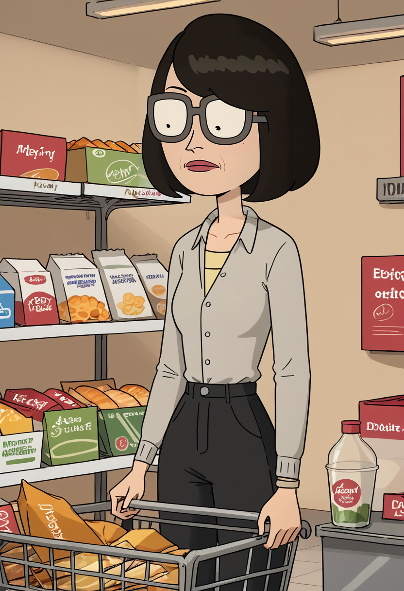 score_9, score_8_up, score_8,     <lora:Dr.Wong_Rick_and_Morty_for_PonyXL:0.8> 1girl, drw0ng, glasses, short hair, solo, grocery store, shopping cart,  parody, looking down,