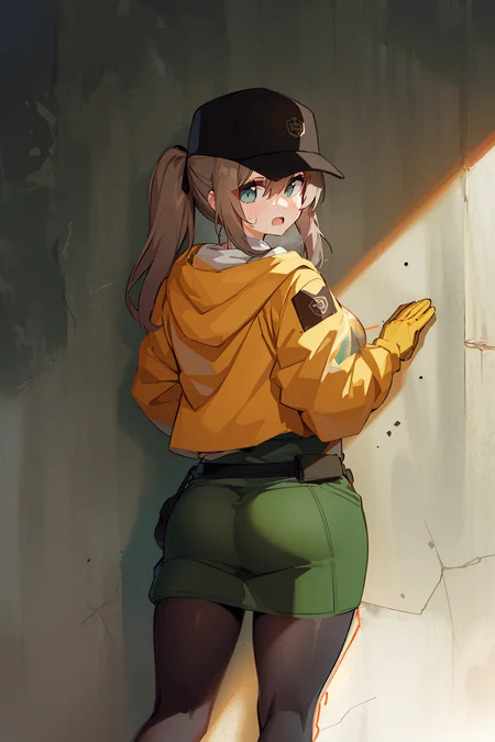 1girl,unparalleled masterpiece, mature female, ((thick thighs, huge chest, mature, adult))
girls'_frontline, dima_(girls'_frontline), aningay, 1girl, baseball_cap, black_headwear, blue_eyes, blush, brown_hair, cropped_legs, gloves, green_gloves, green_shirt, green_skirt, grey_pantyhose, hair_between_eyes, hat, jacket, long_hair, long_sleeves, looking_at_viewer, looking_back, open_mouth, pantyhose, shirt, skindentation, skirt, solo, sweat, yellow_jacket
<lora:dimaGirlsFrontline_10:0.6>