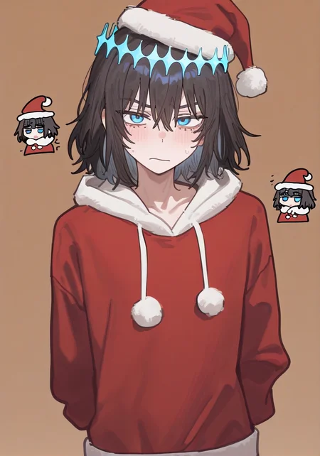 Masterpiece, Best Quality, Best Score, Best Anatomy, simple background, warm background,
upper body,androgynous, chibi,
(1boy,oberon vortigern, dark hair,blue circlet,blue eyes),
irritation,
christmas outfit, santa hat,
ppka, doremifaso64,
<lora:nyalia_NoobXL:0.6>, <lora:furu00tck:0.3>, <lora:nabibutterILLUS:0.1>, <lora:doremifaso64_style_ill_v1:0.2> ,<lora:Popoka-Illustrious:0.2>