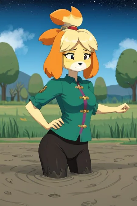 isabelle \(animal crossing\), (masterpiece, best quality:1.15), 1girl, solo, large breasts, high cheekbones, thick eyebrows, small mouth, looking to the side, leaning forward, adjusting clothes, tight leggings, crop top shirt, starry nights, long hair, twin short braids, scared, partially submerged, waist deep, struggling