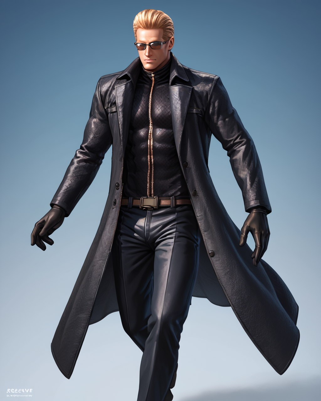score_9, score_8_up, score_7_up, score_6_up, source_anime, ah1,<lora:albertwesker-guy-PONYv1:1> albertwesker, albert wesker, 1boy, solo, blonde, black gloves, sunglasses, belt, pants, long coat, trench coat, black coat, black pants, toned, athletic, fit, slicked back hair, black turtleneck, zipper, mature male,(graphene textured clothes:1.7) (one leg forward, ready to spring into action, with a focused expression and a hand poised to draw a weapon, showcasing his power prowess)