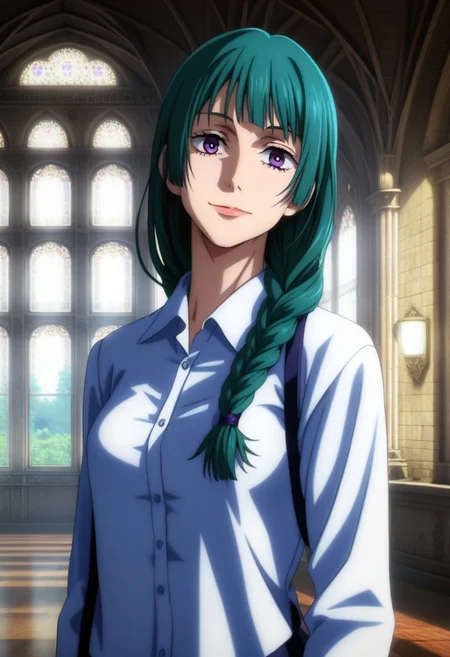 score_9, score_8_up, score_7_up, source_anime, intricate details, anime screencap, perfect balance, official art, extremely detailed CG unity 8k wallpaper, perfect lighting, Colorful, Warm_Front_face_Lighting, (masterpiece:1.0),(best_quality:1.0), ultra high res,4K,ultra-detailed, photography, 8K, HDR, highres, absurdres:1.2, Kodak portra 400, blurry background, bokeh, lens flare, (Anime) (vibrant_color:1.2), professional photograph, night, (good_face:1.2), 2d, anime, upper body, intricate iris, American, 1960s, 1970s, Professional character design, 1girl, female focus, (vibrant amethyst purple eyes), perfect eyes, (bright green-teal hair), (Long Silky smooth hair), (pretty hair), (beautiful hair), (curtain bangs), braided hair, preppy, white dress shirt, youthful, feminine, sultry, solo, jujutsu_kaisen_style, character portrait, (perfect-lighting, lens flare), face, torso, (Charming) (Beautiful) (Elegant) (Sophisticated smile), feminine, young, (Wealthy, manor, extravagant, ornate embellishments, coastal, shore, cliff), warm sunlight, dawn, (sunlight), (warm lighting), comfortable lighting. turquoise hair, teal hair, blue-green hair, green-blue hair, vibrant purple eyes, amethyst eyes