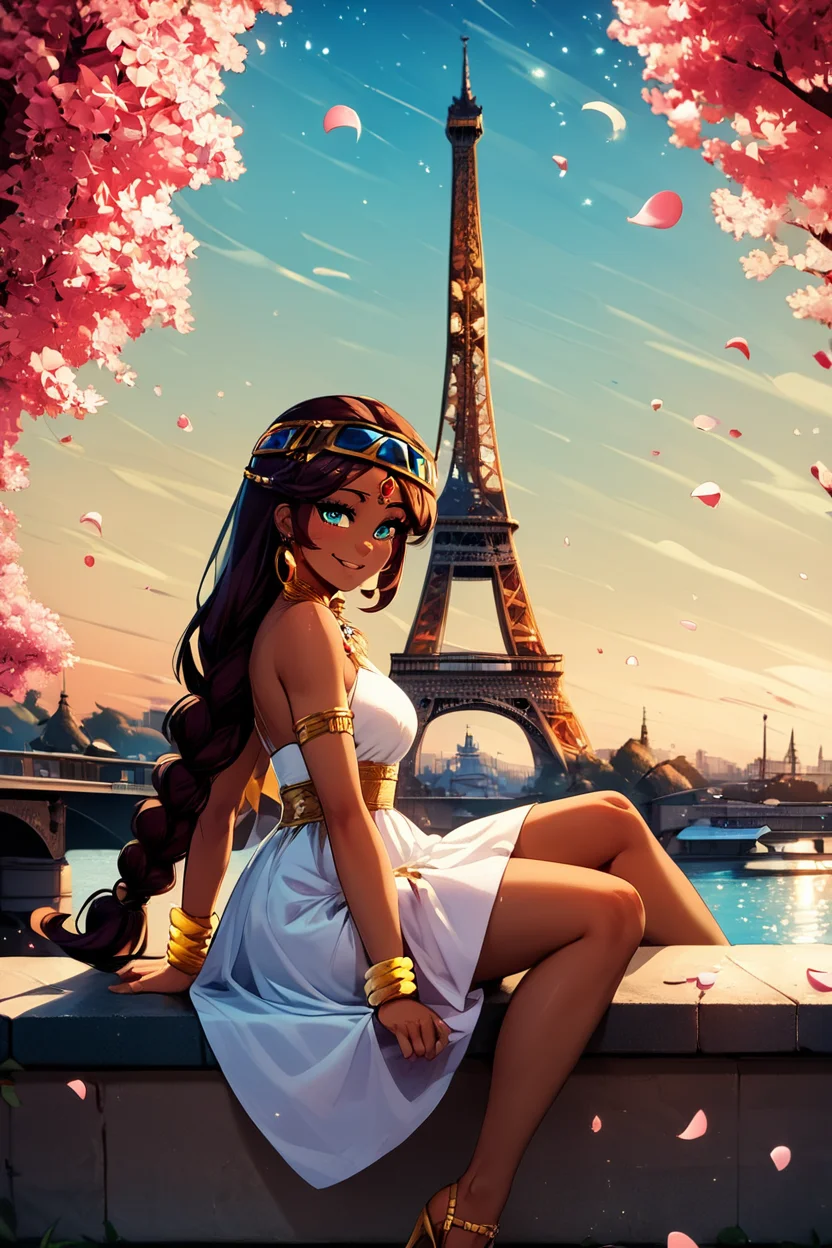 score_9, score_8_up, score_8, medium breasts, (curvy), cute, eyelashes, BREAK, , <lora:Serket_Takatsu_v2:0.7>, zzSerket, dark skin, large breasts, dress, bare shoulders, jewelry, very long hair, bracelet, single braid, circlet,, BREAK, zzEiffelTower in background, sitting, watercraft, boat, sitting on wall, side view, looking at viewer, smile, BREAK, blooming stars, luminescent petals, otherworldly fragrance blurry background, embedding:zPDXL, Expressiveh, <lora:EiffelTowerPDXL:1.0>, <lora:CatalystStylePDXL:0.6>, <lora:SDXLFaeTastic2400:0.5>, <lora:Expressive_H-000001:0.4>,
