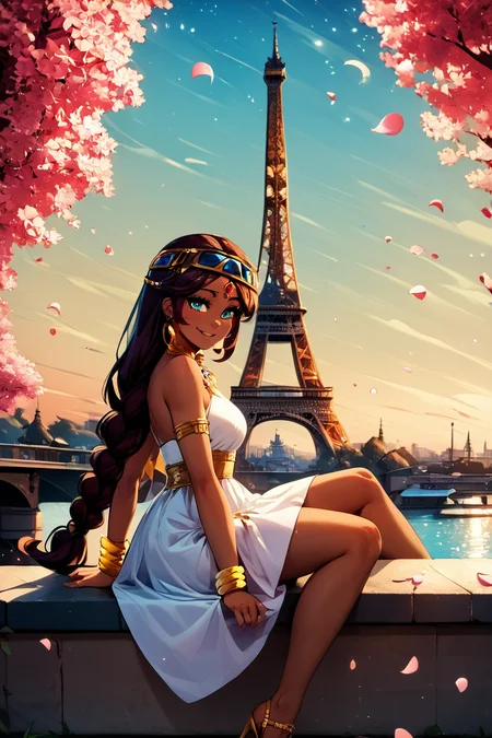 score_9, score_8_up, score_8, medium breasts, (curvy), cute, eyelashes, BREAK, , <lora:Serket_Takatsu_v2:0.7>, zzSerket, dark skin, large breasts, dress, bare shoulders, jewelry, very long hair, bracelet, single braid, circlet,, BREAK, zzEiffelTower in background, sitting, watercraft, boat, sitting on wall, side view, looking at viewer, smile, BREAK, blooming stars, luminescent petals, otherworldly fragrance blurry background, embedding:zPDXL, Expressiveh, <lora:EiffelTowerPDXL:1.0>, <lora:CatalystStylePDXL:0.6>, <lora:SDXLFaeTastic2400:0.5>, <lora:Expressive_H-000001:0.4>,
