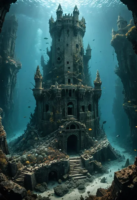 <lora:TheWeirdies_epoch_10:0.78>, epiCPhotoGasm-colorfulPhoto  , advntr , (very deep underwater, murky depths, extremely rocky seafloor, rubble of all sorts and sizes strewn everywhere), 
score_9, score_8_up, score_7_up, score_6_up
a sunken Tower was lost at the bottom of the sea, the ruins of a massively large tower on the ocean floor, now the underwater fortress tower sits in ruins in the watery depths, as well as one that housed immeasurable treasure. (((game of thrones aesthetic, cinema still from dynamic scene))), no humans,
((massively large towering fortress, deep underwater on a rocky sea floor,  tower built of white stone, ocean depths, dark, perfect crenelated battlements))