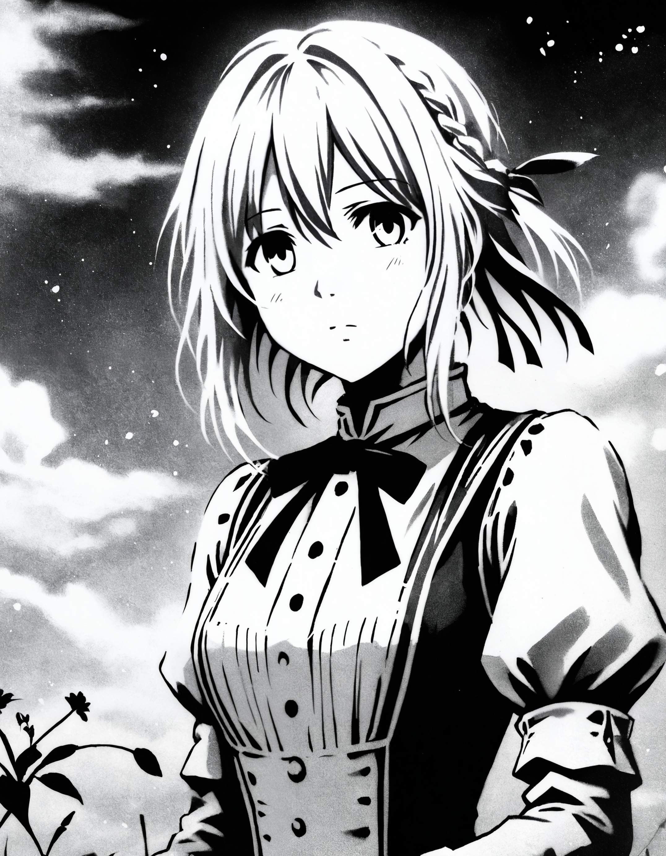 zavy-fzzgrfft, manga monochrome of Violet Evergarden, black and white,
