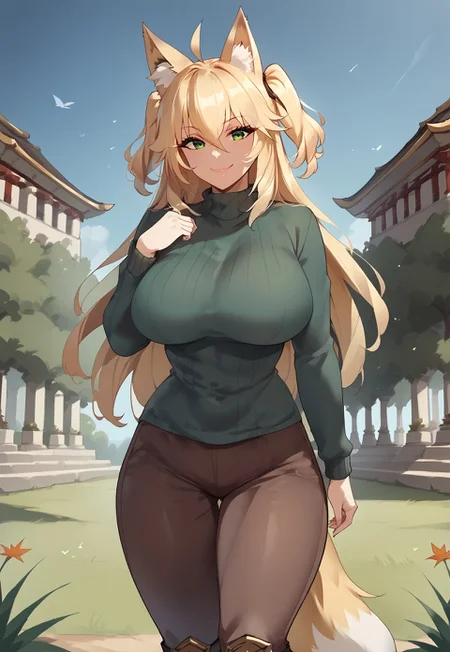 safe_pos, masterpiece, best quality, very aesthetic, absurdres, score_9, score_8_up, score_7_up, score_6_up, Expressiveh, good_hands, BREAK mature female, large breasts, curvy, beautiful face, highly detailed faces and eyes, foxgirl, fox ears, fox tail, blonde hair, long hair, ahoge, hair between eyes, green eyes, two side up, green sweater, long sleeves, dark brown pants, long pants, knee boots, dynamic pose, smile,