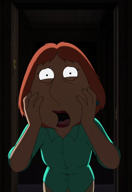 masterpiece, best quality, amazing quality, lo1sgf, 1girl, orange hair, blue earrings, aqua shirt, beige pants, hands on face, scared, screaming, open mouth, bags under eyes, looking at viewer, upper body, indoors, doorway, dark, cinematic shot, dramtic light, dramatic lighting, shadow, horror_\(theme\),