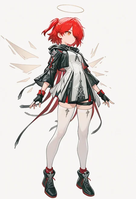 Exusiai the New Covenant,open jacket,one side up,right side ponytail,1girl, solo,simple_background, full body, ,masterpiece,best quality,newest,absurdres,highres,very awa, <lora:None:1.0> <lora:Exusiai_the_New_Covenant_r1:0.9500000000000002> <lora:Kejuku_Style_NBV1:0.9500000000000002>