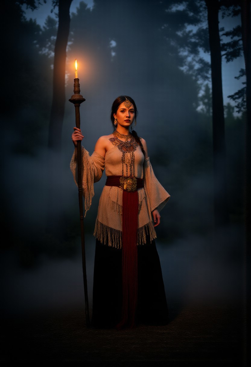 f0rtun3, A breathtaking full-body portrait of a beautiful shaman woman, captured in a striking, dynamic pose that conveys power and mystery. She stands in an enchanting, otherworldly setting — a misty forest bathed in ethereal twilight, with glowing symbols faintly visible on ancient trees around her. Her clothing is rich in texture and detail, adorned with intricate beadwork, feathers, and natural elements that reflect her deep connection to the spirit world. Her expression is wise and mesmerizing, with piercing eyes that seem to hold ancient secrets. The scene is framed in the style of high-end artistic photography, emphasizing rich colors, soft light filtering through the mist, and a dramatic, almost cinematic composition. The final image should evoke a sense of mysticism, reverence, and timeless beauty — a true masterpiece.
