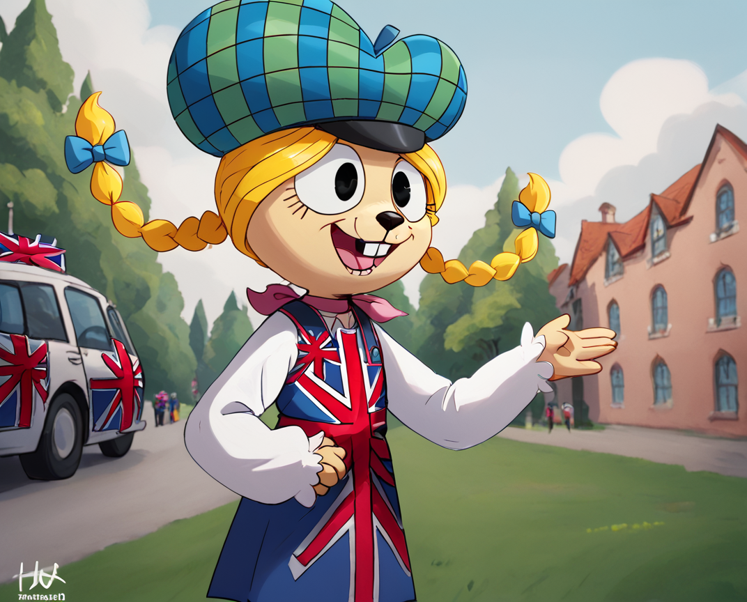 score_9, score_8_up, score_8,   <lora:Eurotrish_for_PonyXl:0.9> 1girl, hat, solo, furry female, hair bow, blonde hair, twin braids, teeth, braid, (union jack dress), white sleeves, outdoors, france,