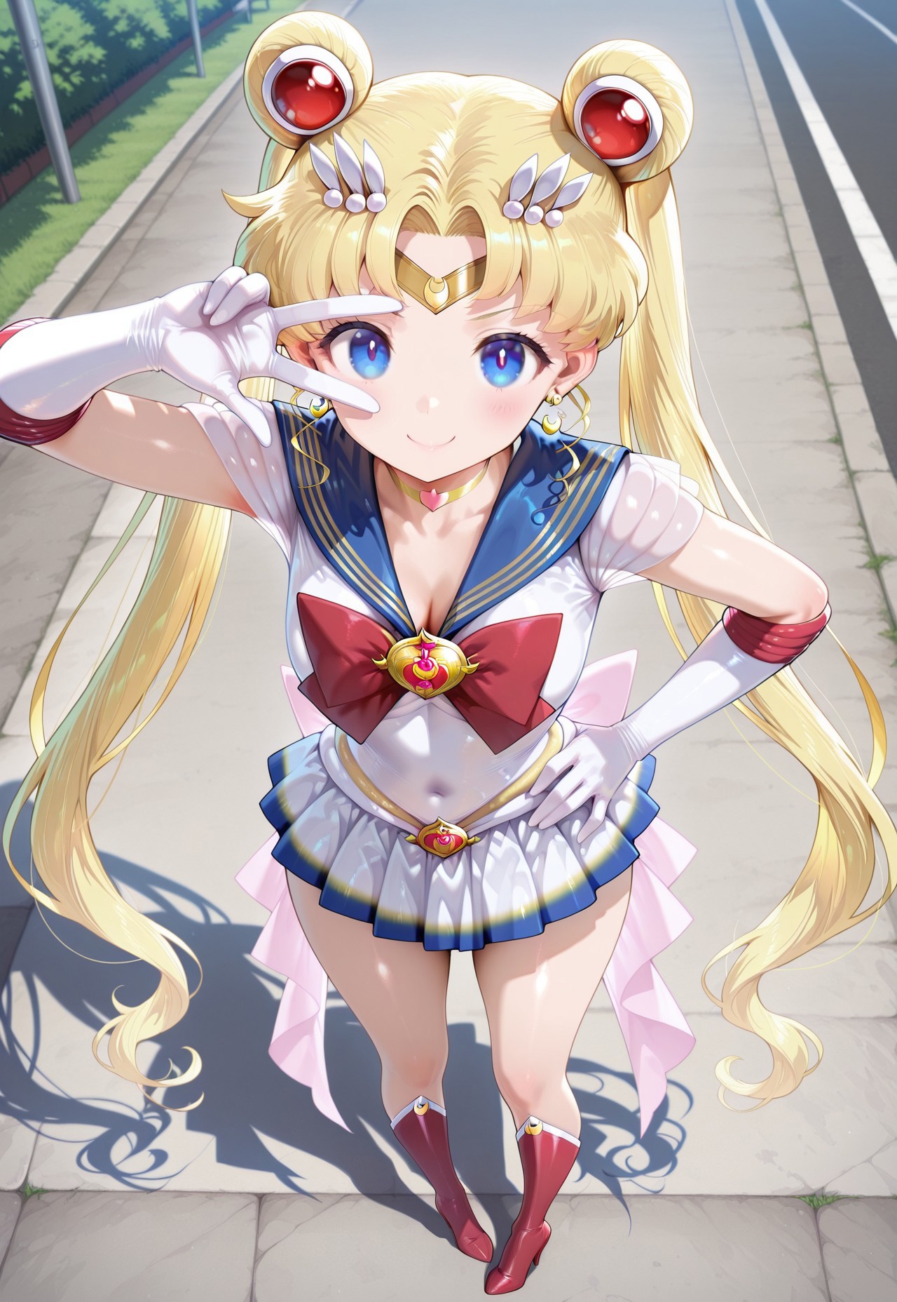 masterpiece,extremely detailed,best quality,amazing quality,newest,absurdres,highres, super detailed skin,1 girl, supersailormoon, twintails, circlet, earrings, heartchoker, white back bow ,gloves, miniskirt,, smile, pigeon-toed, v_over_eye ,One hand on hip and the other making a V_over_eye,, from above, outdoors
