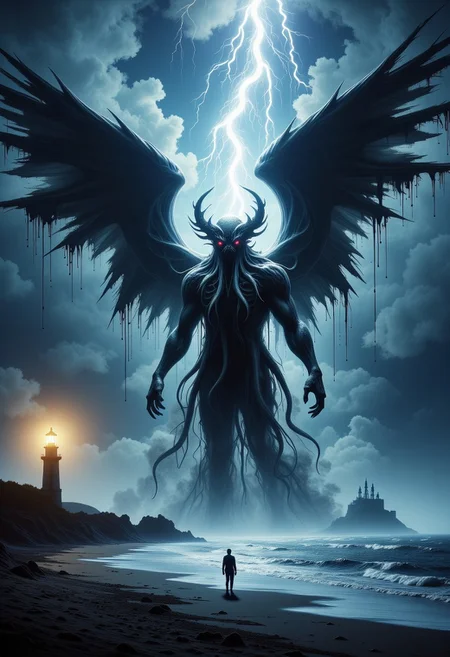 rising of the ocean on a dark night a giant human body walking towards the sailor with kraken head with a lot of kraken giant tentacles coming out of your head, extra large dark wings, cthulhu, shadow.a diagonal flash of a lightning bolt tearing the scene, a sailor figure, almost tiny in size is standing still on the edge of the beach looking at the ocean. in the left corner of the scene is a lighthouse with a yellow light focused on the ocean reflecting in the water on an island in the ocean. dark atmosphere. terror and horror feeling.