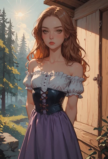 8K, depth of field, focused subject, masterpiece, best quality, amazing quality, very aesthetic,
score_9, score_8_up, score_8,
1girl, 23 years old, solo,
detailed, perfect, expressive, perfect white porcelain fair skin, brown eyes, long flowing red hair, small perky breasts, (tiny waist, slim waist:1.3), flat stomach, sexy thighs, full round butt,
sophisticated, intelligent, seductive, aroused, loving, kind, masterpiece, Expressiveh, dynamic angle, high quality, solo, myrtlewal, off shoulder white blouse, purple skirt, corset, arms crossed, looking at viewer, blushing, forest, cabin, medieval setting, detailed scenery, commix style, sun rays, dynamic lighting, dynamic lighting, cinematic lighting
