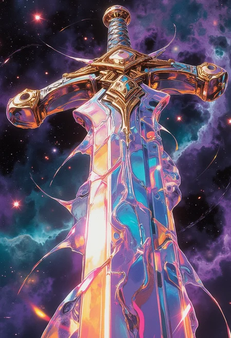 Focus: Close-up shot, sword made entirely of swirling liquid rainbows.
Material: Reflective surface, iridescent hues shifting—violet, gold, cyan, magenta.
Details: Blade rippling like water, glowing edges, light refractions creating prismatic sparks.
Background: Deep cosmic space, nebulae swirling in purple, teal, and crimson; scattered stars shimmering.
Lighting: Sword radiating faint multicolored glow, casting reflections onto the cosmic void.
Angle: Slight upward tilt, sword dominating the frame with dynamic perspective.
Mood: Mystical, powerful, surreal beauty.