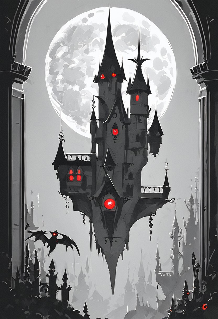 score_9, score_8_up, score_7_up, illustration, monochrome, inside castle, flying bat, threeeyed bat, red glowing eyes, moon, moonlight, nighttime, no humans