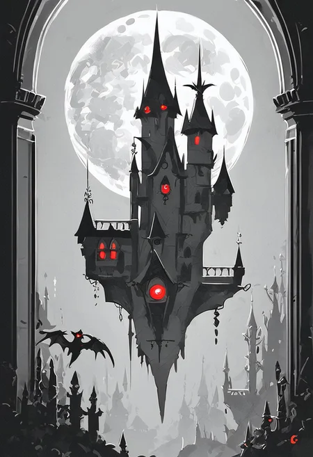 score_9, score_8_up, score_7_up, illustration, monochrome, inside castle, flying bat, threeeyed bat, red glowing eyes, moon, moonlight, nighttime, no humans