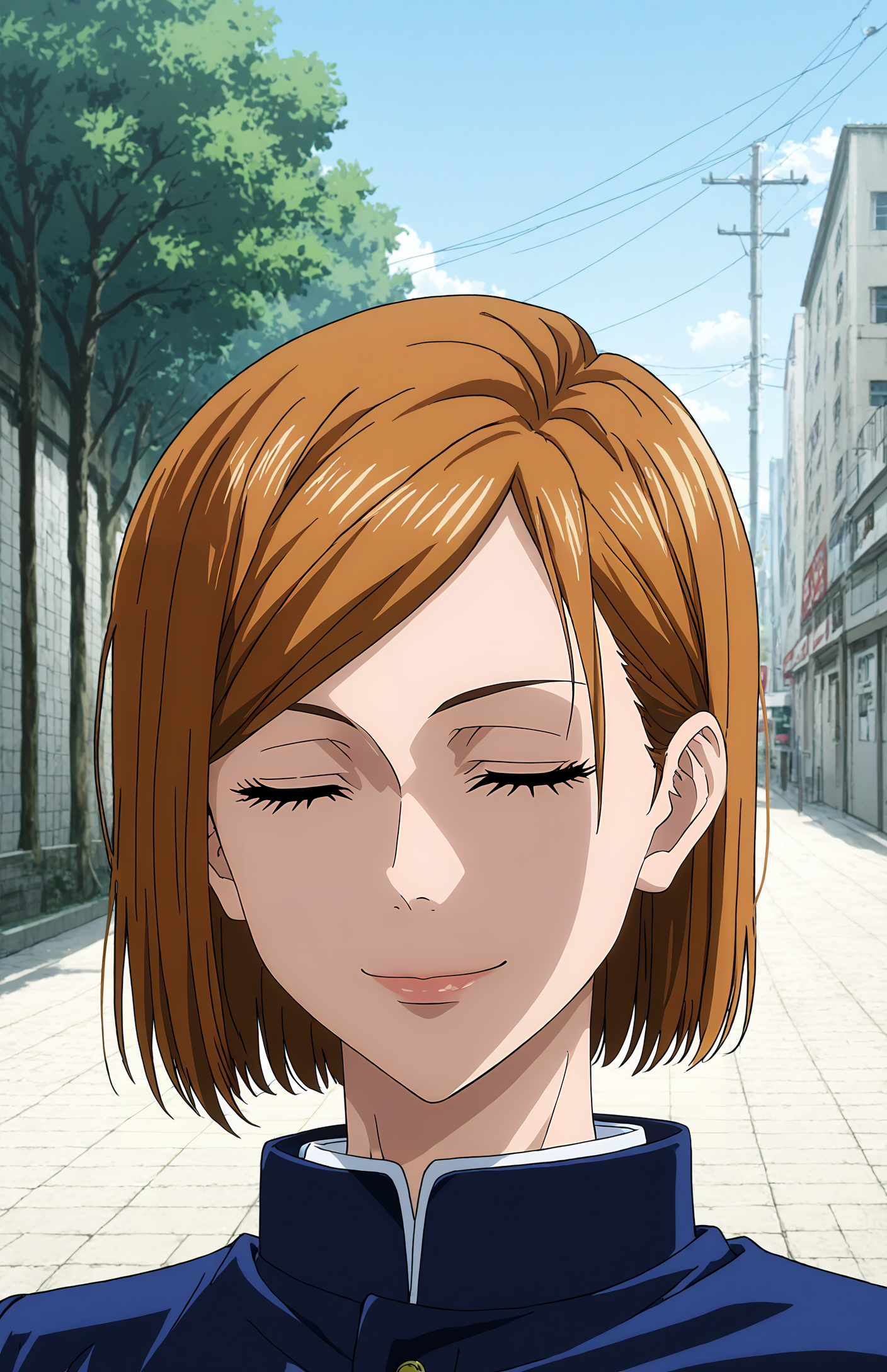 <lora:hyperSD8:1> score_9, score_8_up, score_7_up, score_6_up, BREAK, source_anime,  masterpiece, zPDXLxxx, detailed background,
 <lora:KUGISAKI_NOBARA_CULTY:1> anime screencap, 1girl, solo, kugisaki nobara, brown hair, brown eyes,  school uniform, upper body, looking at viewer, outdoors, smile, closed eyes, (raised eyebrows),