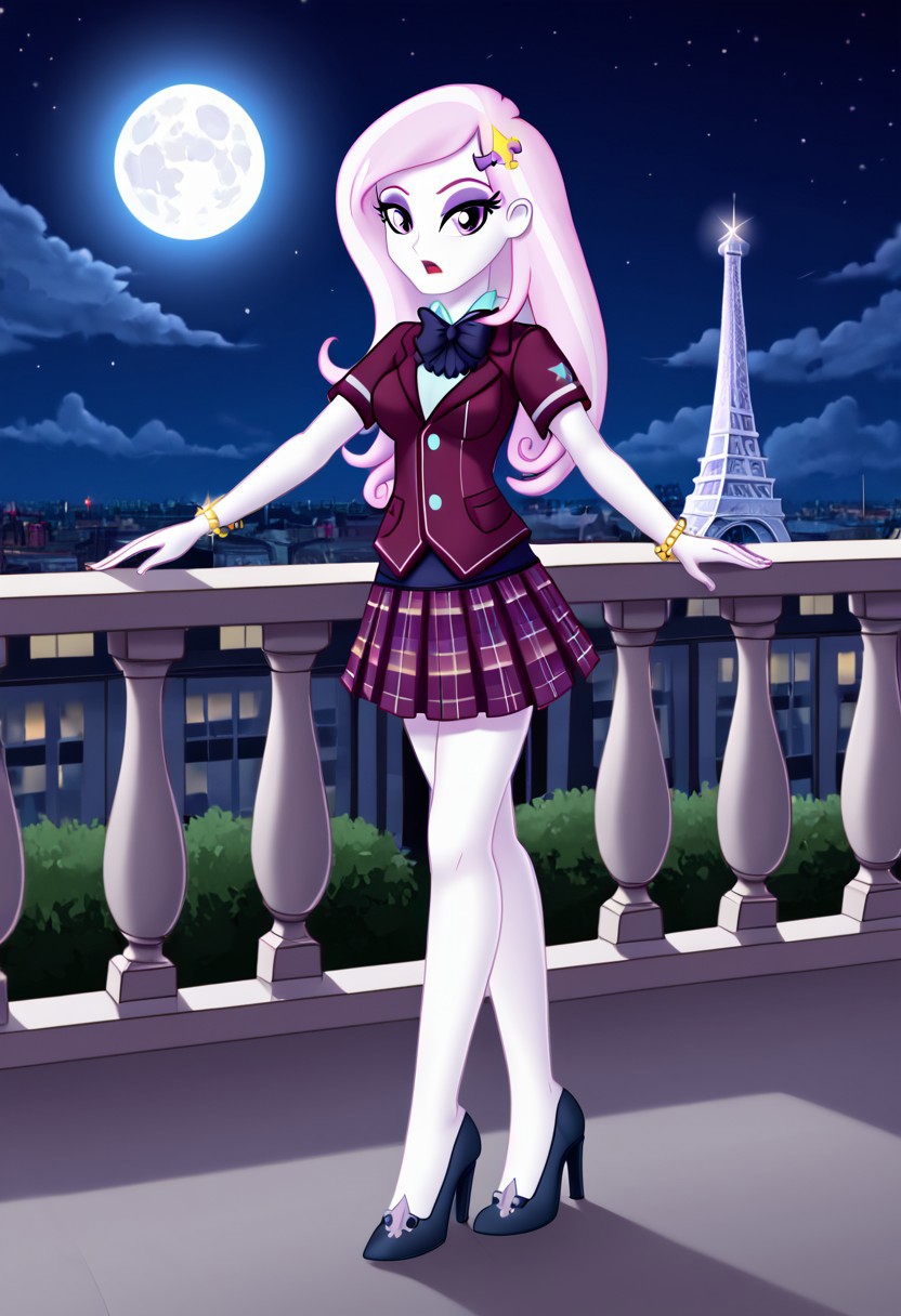 (High Resolution), (More Details), (8K), (High Resolution), NEGATIVE_HANDS, Fleur-de-lis, Equestria Girls,1 girl, Alone, Normal breasts, High heels, Full body, bare breasts, blouse, bow tie, bracelet, clothing, Crystal Prep Academy, Crystal Prep Shadowbolts, eyeshadow, female, fleur-de-lis outfits, short sleeves, makeup, plaid skirt, pleated skirt, skirt, high heels , Normal hips, Toned, Sexy model body, Beautiful, Sexy, Attractive, Erotic pose, Different erotic and sensual poses, Erotic, Strolling through the streets of Paris, France, At night, big full moon, Eiffel Towers